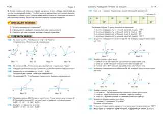 ВЗАЄМНЕ РОЗМІЩЕННЯ ПРЯМИХ НА ПЛОЩИНІ36 37Розділ 2
3. Слово «суміжний» означає «такий, що межує з чим небудь; прилеглий до
чогось; розміщений поруч». У побуті кажуть, наприклад, про суміжні кімнати.
Вони мають спільну стіну. Спільну межу мають подвір’я в сільській місцевості
або дачному селищі. Хоча тоді частіше скажуть «сусідні подвір’я».
ПРИГАДАЙТЕ ГОЛОВНЕ
1. Які кути називаються суміжними?
2. Сформулюйте і доведіть теорему про суму суміжних кутів.
3. Поясніть, що таке теорема, аксіома. Наведіть приклади.
РОЗВ’ЯЖІТЬ ЗАДАЧІ
113'. На малюнках 71, 72 зображено кути 1 і 2. Назвіть:
1) суміжні кути; 2) кути, що не є суміжними.
120°. Кути α і β — суміжні. Накресліть у зошиті таблицю 5 і заповніть її.
Таблиця 5
За даними таблиці 5 дайте відповіді на запитання:
1) на скільки градусів кут α менший від кута β, якщо α < 90°;
2) на скільки градусів кут α більший за кут β, якщо α > 90°;
3) на скільки градусів кут α більший за кут β, якщо β < 90°;
4) на скільки градусів кут α менший від кута β, якщо β > 90°?
121'. За даними, наведеними на малюнках 77, 78, знайдіть градусні міри суміж-
них кутів.
Мал. 77 Мал. 78
122°. Знайдіть суміжні кути, якщо:
1) гострий кут на 30° менший від суміжного з ним тупого кута;
2) тупий кут на 56° більший за суміжний з ним гострий кут;
3) гострий кут на 42° менший від суміжного з ним тупого кута.
123°. За даними, наведеними на малюнках 79, 80, знайдіть градусні міри суміж-
них кутів.
Мал. 79 Мал. 80
124°. Знайдіть суміжні кути, якщо:
1) гострий кут у 4 рази менший від суміжного з ним тупого кута;
2) тупий кут удвічі більший за суміжний з ним гострий кут;
3) тупий кут у 8 разів більший за суміжний з ним гострий кут.
125°. Чи можуть обидва суміжні кути бути:
1) гострими; 2) прямими; 3) тупими?
Відповідь обґрунтуйте.
126. Чи можна стверджувати, що два кути суміжні, якщо їх сума дорівнює 180°?
127. Якщо один із суміжних кутів гострий, то другий кут тупий. Доведіть.
Мал. 71 Мал. 74
114'. На малюнках 73, 74 позначені дужками кути не є суміжними. Чому?
115'. Побудуйтедовільнийкутікут,суміжнийзданим.Виміряйтепобудованікути.
116'. Накресліть за клітинками кут: 1) 45°; 2) 90°.
Побудуйте два суміжні з ним кути і виміряйте їх.
117'. На малюнках 75, 76 зображено суміжні кути. Знайдіть невідомий кут.
118°. Проведіть пряму АВ. Позначте на ній точку О, що лежить між точками А і
В. Проведіть промінь ОС так, щоб один із суміжних кутів дорівнював:
1) 35°; 2) 145°; 3) 130°; 4) 50°.
119°. Знайдіть кут, суміжний із кутом:
1) 137°; 2) 54°; 3) 162°; 4) 23°.
Мал. 75 Мал. 76
Мал. 72 Мал. 73
 