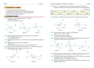 ВЗАЄМНЕ РОЗМІЩЕННЯ ПРЯМИХ НА ПЛОЩИНІ42 43Розділ 2
ПРИГАДАЙТЕ ГОЛОВНЕ
1. Які кути називаються вертикальними?
2. Сформулюйте і доведіть теорему про вертикальні кути.
3. Які пари кутів утворюються при перетині двох прямих?
4. Що таке кут між двома прямими?
РОЗВ’ЯЖІТЬ ЗАДАЧІ
152'. На малюнках 92, 93 зображено кути 1 і 2. Назвіть:
1) вертикальні кути;
2) кути, що не є вертикальними.
Мал. 92 Мал. 93 Мал. 94
153'. На малюнку 94 прямі AB i CD перетинаються в точці О. Назвіть:
1) кут, вертикальний з кутом 1;
2) кути, суміжні з кутом 1.
154'. Побудуйте довільний кут і кут, вертикальний з ним. Виміряйте побудовані
кути.
155'. Накресліть за клітинками кут, що дорівнює:
1) 45°; 2) 90°.
Побудуйте вертикальний з ним кут. Яка його градусна міра?
156'. На малюнках 95, 96 зображено вертикальні кути. Знайдіть невідомий кут.
157'. Побудуйте дві прямі, що перетинаються під кутом:
1) 75°; 2) 60°; 3) 45°; 4) 30°.
Мал. 95 Мал. 96
158'. Кути 1 і 2 — вертикальні. Накресліть у зошиті таблицю 6 і заповніть її.
За даними таблиці з’ясуйте, який з кутів можна вважати кутом між прямими.
Таблиця 6
159°. За даними, наведеними на малюнках 97, 98, знайдіть вертикальні кути.
Мал. 97 Мал. 98
160°. Знайдіть вертикальні кути, якщо їх сума дорівнює:
1) 30°; 2) 211°; 3) 67°; 4) 190°.
161°. Чи можуть вертикальні кути бути:
1) гострими; 2) тупими; 3) прямими?
162°. За даними, наведеними на малюнках 99, 100, знайдіть градусні міри кутів,
які утворилися при перетині прямих AB і CD.
Мал. 99 Мал. 100 Мал. 101
163°. Дві прямі перетинаються під кутом α. Знайдіть інші три кути, що утворюють
дані прямі, якщо: 1) α = 40°; 2) α = 12°; 3) α = 25°; 4) α = 17°.
164°. При перетині двох прямих утворилися суміжні кути, один з яких більший
за інший на: 1) 14°; 2) 56°; 3) 38°; 4) 70°.
Знайдіть чотири кути, що утворюють дані прямі.
165°. Запишіть вертикальні й суміжні кути, що утворилися при перетині двох
прямих на малюнку 101.
 