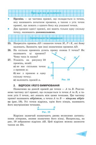 19
● Промінь – це частина прямої, що складається із точки,
яку називають початком променя, а також з усіх точок
прямої, що лежать з одного боку від указаної точки.
● Два промені однієї прямої, які мають тільки одну спільну
точку, називають доповняльними.
25. Накресліть промінь AD і позначте точки М, P і K, які йому
належать. Запишіть три інші позначення променя AD.
26. На скільки променів ділить пряму кожна її точка? Як
називають ці промені?
Чому така їх назва?
27. Укажіть на рисунку 18
промінь, який:
а) не має спільних точок
з прямою a;
б) має з прямою a одну
спільну точку;
в) належить прямій a.
2. ВІДРІЗОК І ЙОГО ВИМІРЮВАННЯ
Позначимо на деякій прямій дві точки – A та B. Розгля-
немо частину цієї прямої, що складається із точок A та B, а та-
кож усіх її точок, які лежать між цими точками. Цю частину
прямої називають відрізком, а точки A та B – кінцями відріз-
ка (рис. 19). Усі точки відрізка, крім його кінців, називають
його внутрішніми точками.
Рис. 19
Відрізок зазвичай позначають двома великими латинсь-
кими літерами, якими позначено його кінці. Наприклад, на
рис. 19 зображено відрізок АВ. Цей відрізок можна записати
також як ВА.
 