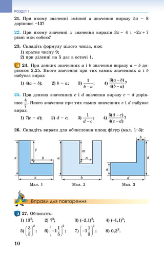 10
РОЗДІЛ 1
21. При якому значенні змінної a значення виразу 5a  – 8 
дорівнює –13?
22. При якому значенні x значення виразів 3x – 4  і –2x + 7
рівні між собою?
23. Складіть формулу цілого числа, яке:
1) кратне числу 9;
2) при діленні на 5 дає в остачі 1.
24. При деяких значеннях a і b значення виразу a – b до-
рівнює 2,25. Якого значення при тих самих значеннях a і b
набуває вираз:
1) 4(a – b);	 2) b – a;	 3) 	 4)
25. При деяких значеннях c і d значення виразу c – d дорів-
нює Якого значення при тих самих значеннях c і d набуває
вираз:
1) 7(c – d);	 2) d – c;	 3) 	 4)
26. Складіть вирази для обчислення площ фігур (мал. 1–3):
	 Мал. 1	 Мал. 2	 Мал. 3
Вправи для повторення
27. Обчисліть:
1) 132
;	 2) 73
;	 3) (–2,1)2
;	 4) (–1,1)3
;
5) 	 6) 	 7) 	 8) 0,23
.
 