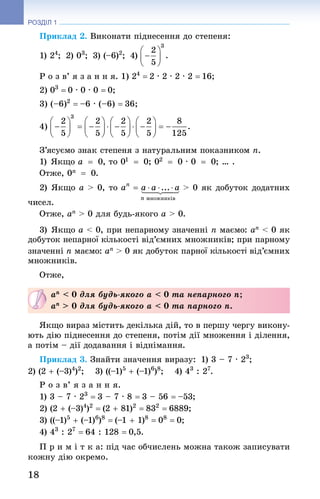 18
РОЗДІЛ 1
Приклад 2. Виконати піднесення до степеня:
1) 24
;  2) 03
;  3) (–6)2
;  4)
Р о з в’ я з а н н я. 1) 24
 = 2 · 2 · 2 · 2 = 16;
2) 03
 = 0 · 0 · 0 = 0;
3) (–6)2
 = –6 · (–6) = 36;
4)
З’ясуємо знак степеня з натуральним показником n.
1) Якщо a = 0, то 01  = 0; 02  = 0 · 0  = 0; … .
Отже, 0n = 0.
2) Якщо a > 0, то > 0 як добуток додатних
чисел.
Отже, ап > 0 для будь-якого а > 0.
3) Якщо a < 0, при непарному значенні п маємо: aп < 0 як
добуток непарної кількості від’ємних множників; при парному
значенні п маємо: aп > 0 як добуток парної кількості від’ємних
множників.
Отже, 
ап  0 для будь-якого а  0 та непарного п;
ап  0 для будь-якого а  0 та парного п.
Якщо вираз містить декілька дій, то в першу чергу викону-
ють дію піднесення до степеня, потім дії множення і ділення,
а потім – дії додавання і віднімання.
Приклад 3. Знайти значення виразу:  1) 3 – 7 · 23
; 
2) (2 + (–3)4
)2
;  3) ((–1)5
 + (–1)6
)8
;  4) 43
 : 27
.
Р о з в’ я з а н н я.
1) 3 – 7 · 23
 = 3 – 7 · 8 = 3 – 56 = –53;
2) (2 + (–3)4
)2
 = (2 + 81)2
 = 832
 = 6889;
3) ((–1)5
 + (–1)6
)8
 = (–1 + 1)8
 = 08
 = 0;
4) 43
 : 27
 = 64 : 128 = 0,5.
П р и м і т к а: під час обчислень можна також записувати
кожну дію окремо.
 