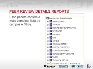 PEER REVIEW DETAILS REPORTS
Esse pacote contém a
mais completa lista de
campos e filtros.
 