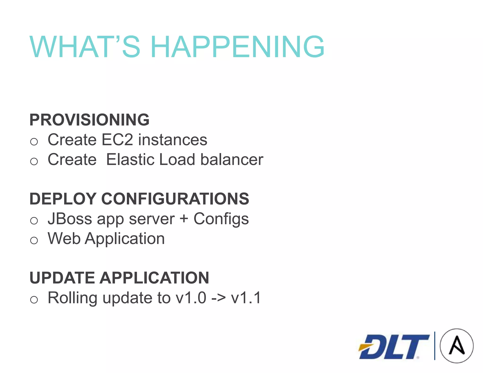 WHAT’S HAPPENING
PROVISIONING
o Create EC2 instances
o Create Elastic Load balancer
DEPLOY CONFIGURATIONS
o JBoss app server + Configs
o Web Application
UPDATE APPLICATION
o Rolling update to v1.0 -> v1.1
 