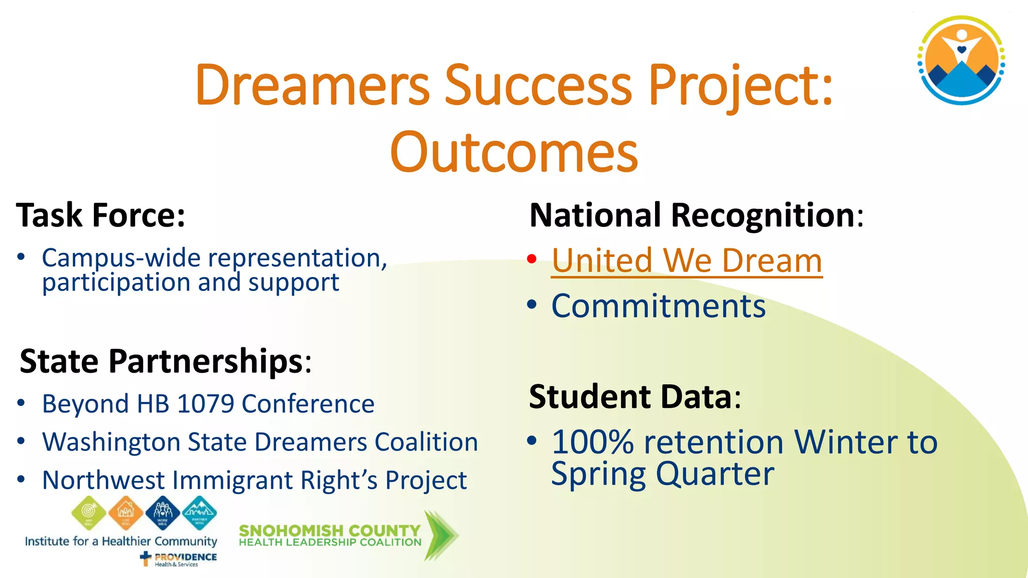 Task Force:
• Campus-wide representation,
participation and support
State Partnerships:
• Beyond HB 1079 Conference
• Washington State Dreamers Coalition
• Northwest Immigrant Right’s Project
National Recognition:
• United We Dream
• Commitments
Student Data:
• 100% retention Winter to
Spring Quarter
Dreamers Success Project:
Outcomes
 