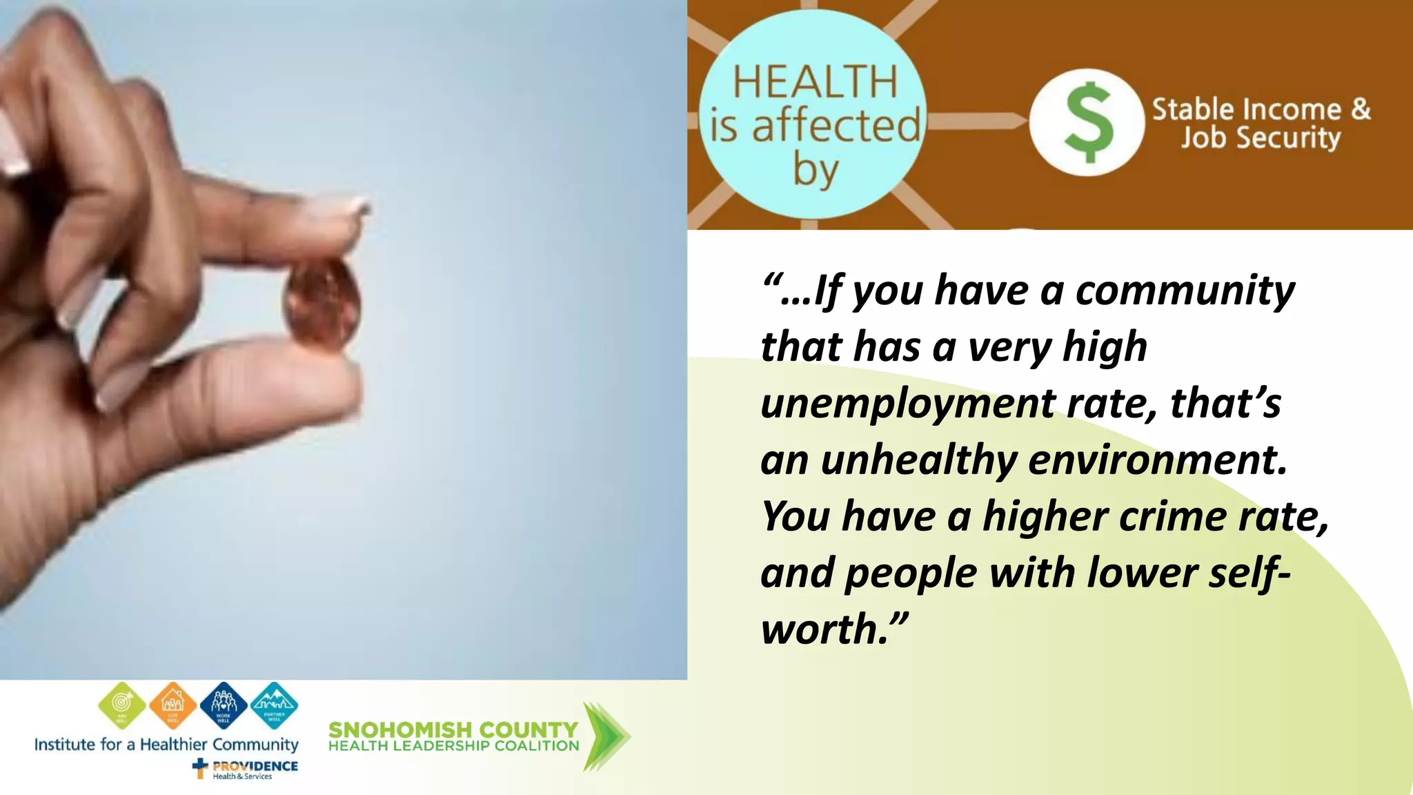 “…If you have a community
that has a very high
unemployment rate, that’s
an unhealthy environment.
You have a higher crime rate,
and people with lower self-
worth.”
 