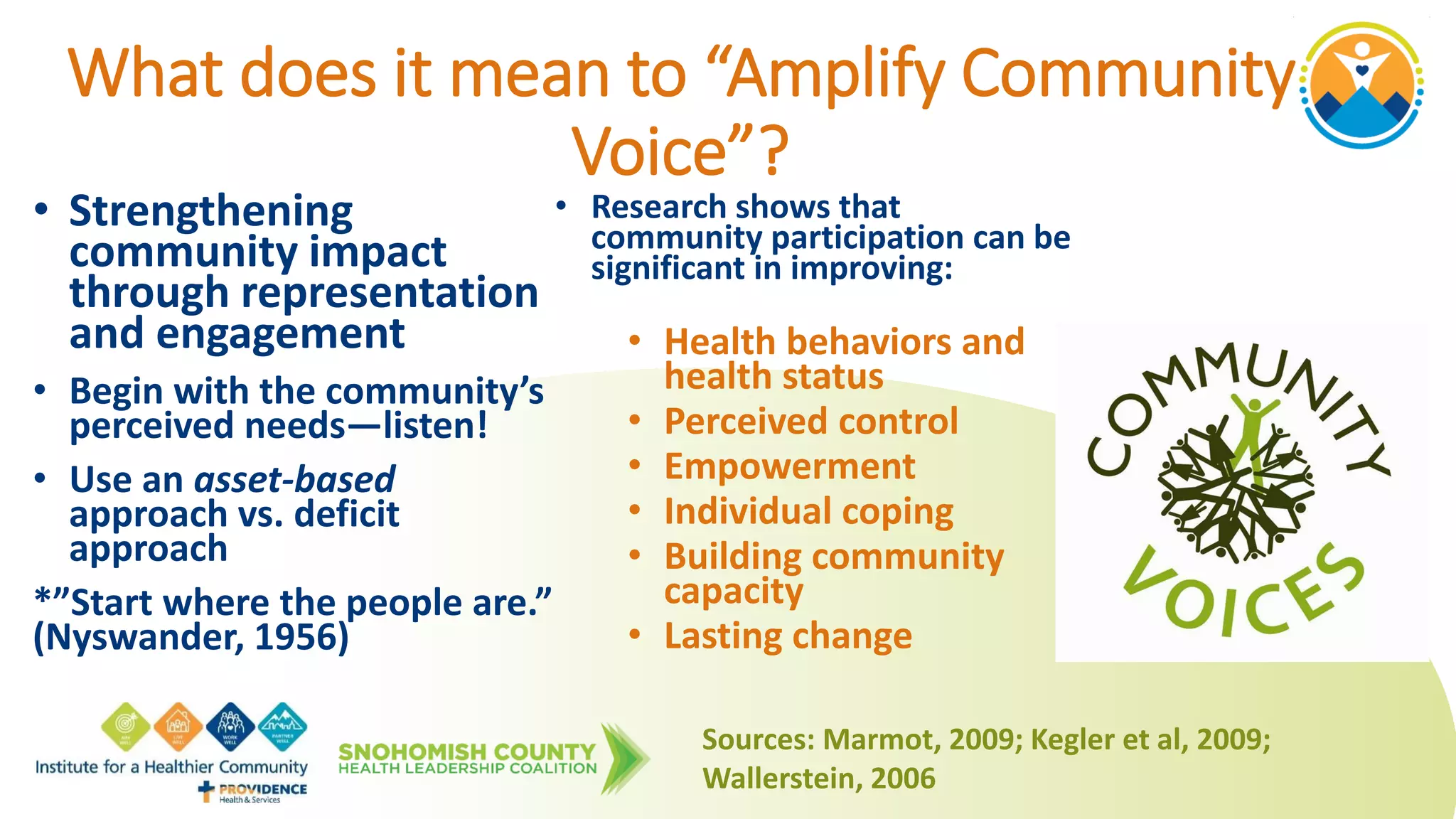 What does it mean to “Amplify Community
Voice”?
• Strengthening
community impact
through representation
and engagement
• Begin with the community’s
perceived needs—listen!
• Use an asset-based
approach vs. deficit
approach
*”Start where the people are.”
(Nyswander, 1956)
• Research shows that
community participation can be
significant in improving:
• Health behaviors and
health status
• Perceived control
• Empowerment
• Individual coping
• Building community
capacity
• Lasting change
Sources: Marmot, 2009; Kegler et al, 2009;
Wallerstein, 2006
 