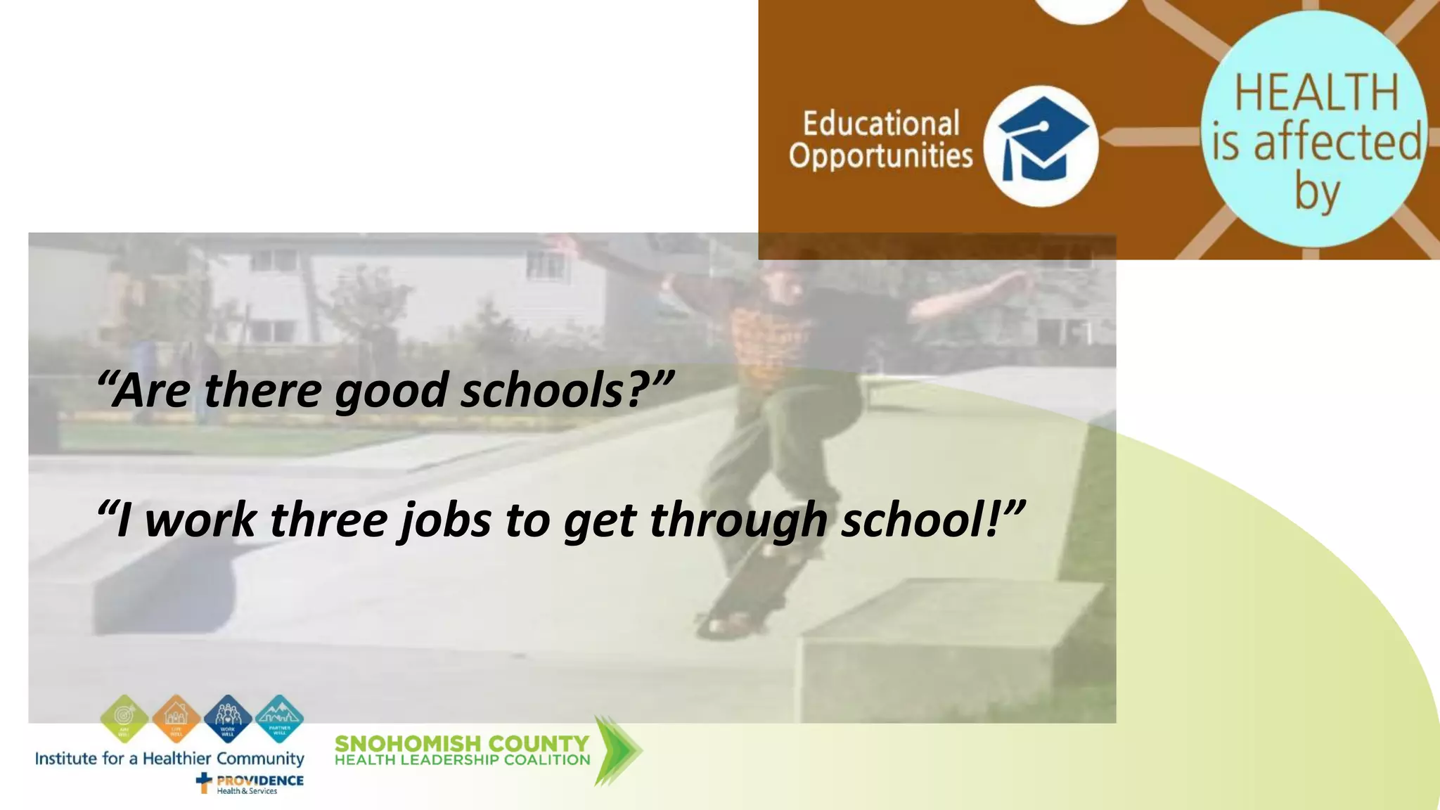 “Are there good schools?”
“I work three jobs to get through school!”
 