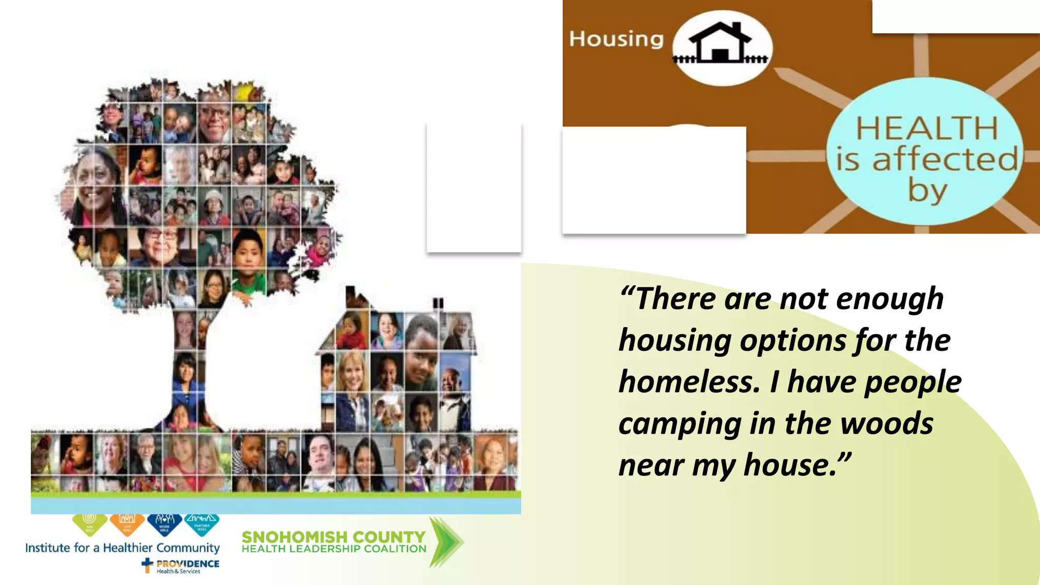 “There are not enough
housing options for the
homeless. I have people
camping in the woods
near my house.”
 