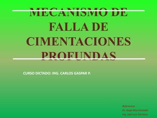 MECANISMO DE
FALLA DE
CIMENTACIONES
PROFUNDAS
Referencia:
Dr. Jorge Alva Hurtado
Ing. José Luis Carrasco
CURSO DICTADO: ING. CARLOS GASPAR P.
 