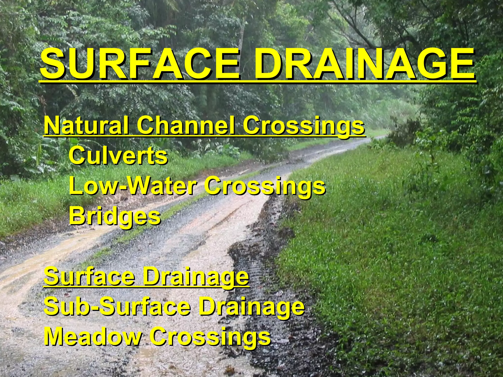 SURFACE DRAINAGESURFACE DRAINAGE
Natural Channel CrossingsNatural Channel Crossings
CulvertsCulverts
Low-Water CrossingsLow-Water Crossings
BridgesBridges
Surface DrainageSurface Drainage
Sub-Surface DrainageSub-Surface Drainage
Meadow CrossingsMeadow Crossings