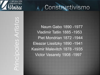 Naum Gabo 1890 -1977
Vladimir Tatlin 1885 -1953
Piet Mondrian 1872 -1944
Eleazar Lissitzky 1890 -1941
Kasimir Malevitch 1878 -1935
Victor Vasarely 1908 -1997
PrincipalesArtistas
 