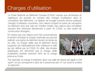Charges d’utilisation 10
Le Code National du Bâtiment Canada (C.N.B.) impose aux architectes et
ingénieurs de prendre en compte des charges d’utilisation dans la
conception des bâtiments. Le tableau de la page suivante donne quelques
charges d’utilisation courantes. Ces valeurs incluent le poids de occupants
du bâtiment ainsi que celui du mobilier mobile. Des valeurs plus complètes
peuvent être obtenues directement à partir du C.N.B. ou des codes de
construction étrangers.
On notera que ces valeurs sont très conservatrices
et tentent d’évaluer la charge maximale qui pourrait
solliciter une partie du bâtiment durant sa durée de
vie utile. La charge réelle que le bâtiment devra
supporter est habituellement bien inférieure à celle
qui est déﬁnie par le C.N.B. En effet, des études
statistiques ont démontré que la charge réelle
d’utilisation excède rarement 40% de la charge
prévue au Code.
Par exemple, la charge d’utilisation dans une salle de classe est égale à 240
kg/m2 ce qui correspond à plus de 3 personnes par m2 sur toute la surface
du plancher.
 