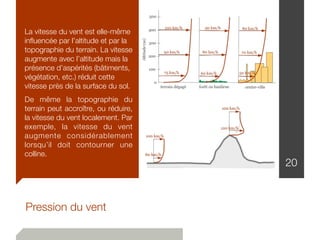 Pression du vent
La vitesse du vent est elle-même
inﬂuencée par l’altitude et par la
topographie du terrain. La vitesse
augmente avec l’altitude mais la
présence d’aspérités (bâtiments,
végétation, etc.) réduit cette
vitesse près de la surface du sol.
De même la topographie du
terrain peut accroître, ou réduire,
la vitesse du vent localement. Par
exemple, la vitesse du vent
augmente considérablement
lorsqu’il doit contourner une
colline.
20
 