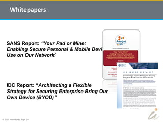 © 2015 InterWorks, Page 29
SANS Report: “Your Pad or Mine:
Enabling Secure Personal & Mobile Device
Use on Our Network”
IDC Report: “Architecting a Flexible
Strategy for Securing Enterprise Bring Our
Own Device (BYOD)”
Whitepapers
 