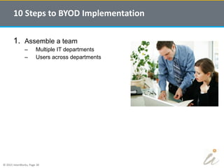 © 2015 InterWorks, Page 30
1. Assemble a team
– Multiple IT departments
– Users across departments
10 Steps to BYOD Implementation
 