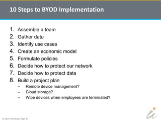 © 2015 InterWorks, Page 37
1. Assemble a team
2. Gather data
3. Identify use cases
4. Create an economic model
5. Formulate policies
6. Decide how to protect our network
7. Decide how to protect data
8. Build a project plan
– Remote device management?
– Cloud storage?
– Wipe devices when employees are terminated?
10 Steps to BYOD Implementation
 