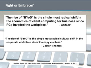 © 2015 InterWorks, Page 4
Fight or Embrace?
“The rise of “BYoD" is the single most radical shift in
the economics of client computing for business since
PCs invaded the workplace.” - Gartner1
“The rise of “BYoD" is the single most radical cultural shift in the
corporate workplace since the copy machine.”
- Caston Thomas
1Gartner “Bring Our Own Device: New Opportunities, New Challenges”, August 16, 2012
 