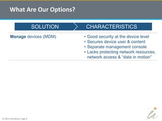 © 2015 InterWorks, Page 9
What Are Our Options?
CHARACTERISTICSSOLUTION
Manage devices (MDM) • Good security at the device level
• Secures device user & content
• Separate management console
• Lacks protecting network resources,
network access & “data in motion”
 