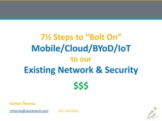 © 2015 InterWorks, Page 1
Caston Thomas
7½ Steps to “Bolt On”
Mobile/Cloud/BYoD/IoT
to our
Existing Network & Security
$$$
cthomas@iworkstech.com 586.530.4981
 