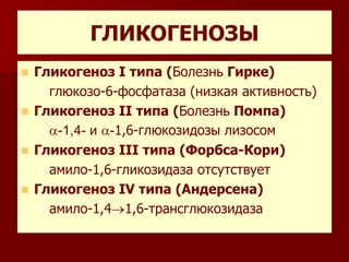 ГЛИКОГЕНОЗЫ
 Гликогеноз I типа (Болезнь Гирке)
– глюкозо-6-фосфатаза (низкая активность)
 Гликогеноз II типа (Болезнь Помпа)
– -1,4- и -1,6-глюкозидозы лизосом
 Гликогеноз III типа (Форбса-Кори)
– амило-1,6-гликозидаза отсутствует
 Гликогеноз IV типа (Андерсена)
– амило-1,4 1,6-трансглюкозидаза
 