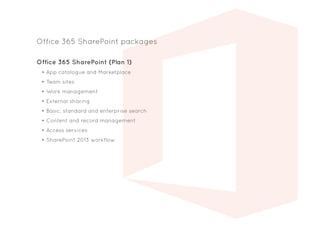 Office 365 SharePoint (Plan 1)
•	App catalogue and Marketplace
•	Team sites
•	Work management
•	External sharing
•	Basic, standard and enterprise search
•	Content and record management
•	Access services
•	SharePoint 2013 workflow
Office 365 SharePoint packages
 