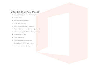 Office 365 SharePoint (Plan 2)
•	App catalogue and Marketplace
•	Team sites
•	Work management
•	External sharing
•	Basic and standard search
•	Content and record management
•	E-discovery, ACM and Compliance
•	Access services
•	Visio services
•	Form based application
•	SharePoint 2013 workflow
•	Business connectivity services
 