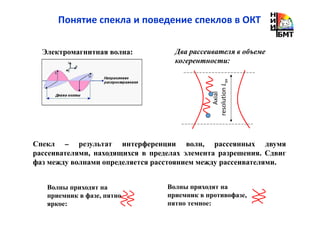 Понятие спекла и поведение спеклов в ОКТ
Axial
resolutionLax
Два рассеивателя в объеме
когерентности:
Электромагнитная волна:
Волны приходят на
приемник в фазе, пятно
яркое:
Спекл – результат интерференции волн, рассеянных двумя
рассеивателями, находящихся в пределах элемента разрешения. Сдвиг
фаз между волнами определяется расстоянием между рассеивателями.
Волны приходят на
приемник в противофазе,
пятно темное:
 