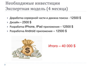 Необходимые инвестиции
Экспертная модель (4 месяца)
 Доработка серверной части и движка поиска - 12500 $
 Дизайн – 2500 $
 Разработка IPhone, IPad приложения – 12500 $
 Разработка Android приложения – 12500 $
Итого – 40 000 $
 
