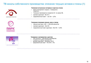 ТВ каналы собственного производства: описание текущих активов и планы (1)
                        Телеканал актуальных интервью и круглых столов
                        •   Бренд принадлежит холдингу «Совершенно
                            Секретно».
                        •   Телеканал производиться холдингом СС по заказу НВ.
                        •   Целевая аудитория - Все 30 +
                        •   Среднемесячный охват – все 18+ - 6,5%.



                        Телеканал посвящен музыке, кино и театру
                        •   Абонентская база с НКС – 4 400 000 абонентов
                        •   Целевая аудитория – Все 30+
                        •   Среднемесячный охват аудитории – Все 30+ = 6,9%




                        Телеканал о материнстве и детстве
                        •  70% контента – собственное производство
                        •  У канала нет прямых конкурентов
                        •  Целевая аудитория – Женщины 18-45
                        •  Среднемесячный охват – Ж 18-45 = 5%




                                                                                 12
 