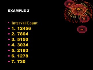 EXAMPLE 2
• Interval Count
• 1. 12456
• 2. 7804
• 3. 5150
• 4. 3034
• 5. 2193
• 6. 1278
• 7. 730
 