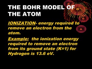 THE BOHR MODEL OF
THE ATOM
IONIZATION- energy required to
remove an electron from the
atom.
Example: the ionization energy
required to remove an electron
from its ground state (K=1) for
Hydrogen is 13.6 eV.
 