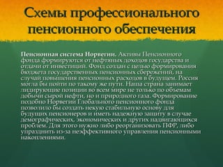Схемы профессиональногоСхемы профессионального
пенсионного обеспеченияпенсионного обеспечения
Пенсионная система Норвегии.Пенсионная система Норвегии. Активы ПенсионногоАктивы Пенсионного
фонда формируются от нефтяных доходов государства ифонда формируются от нефтяных доходов государства и
отдачи от инвестиций. Фонд создан с целью формированияотдачи от инвестиций. Фонд создан с целью формирования
бюджета государственных пенсионных сбережений, набюджета государственных пенсионных сбережений, на
случай повышения пенсионных расходов в будущем. Россияслучай повышения пенсионных расходов в будущем. Россия
могла бы пойти по такому же пути. Наша страна занимаетмогла бы пойти по такому же пути. Наша страна занимает
лидирующие позиции во всем мире не только по объемамлидирующие позиции во всем мире не только по объемам
добычи сырой нефти, но и природного газа. Формированиедобычи сырой нефти, но и природного газа. Формирование
подобно Норвегии Глобального пенсионного фондаподобно Норвегии Глобального пенсионного фонда
позволило бы создать некую стабильную основу дляпозволило бы создать некую стабильную основу для
будущих пенсионеров и иметь надежную защиту в случаебудущих пенсионеров и иметь надежную защиту в случае
демографических, экономических и других надвигающихсядемографических, экономических и других надвигающихся
проблем. Для этого нужно либо реорганизовать ПФР, либопроблем. Для этого нужно либо реорганизовать ПФР, либо
упразднить из-за неэффективного управления пенсионнымиупразднить из-за неэффективного управления пенсионными
накоплениями.накоплениями.
 