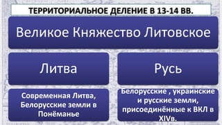 Великое Княжество Литовское
Литва
Современная Литва,
Белорусские земли в
Понёманье
Русь
Белорусские , украинские
и русские земли,
присоединённые к ВКЛ в
XIVв.
ТЕРРИТОРИАЛЬНОЕ ДЕЛЕНИЕ В 13-14 ВВ.
