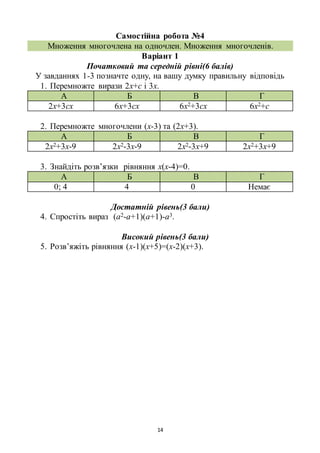14
Самостійна робота №4
Множення многочлена на одночлен. Множення многочленів.
Варіант 1
Початковий та середній рівні(6 балів)
У завданнях 1-3 позначте одну, на вашу думку правильну відповідь
1. Перемножте вирази 2х+с і 3х.
А Б В Г
2х+3сх 6х+3сх 6х2+3сх 6х2+с
2. Перемножте многочлени (х-3) та (2х+3).
А Б В Г
2х2+3х-9 2х2-3х-9 2х2-3х+9 2х2+3х+9
3. Знайдіть розв’язки рівняння х(х-4)=0.
А Б В Г
0; 4 4 0 Немає
Достатній рівень(3 бали)
4. Спростіть вираз (а2-а+1)(а+1)-а3.
Високий рівень(3 бали)
5. Розв’яжіть рівняння (х-1)(х+5)=(х-2)(х+3).
 