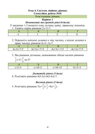 32
Тема 4. Системи лінійних рівнянь
Самостійна робота №10
Розв’язування рівнянь
Варіант 1
Початковий та середній рівні (6 балів)
У завданнях 1-3 позначте одну, на вашу думку, правильну відповідь
1. Укажіть корінь рівняння 2х+5=7.
А Б В Г
-1 1 2 0
2. Перенесіть невідомі доданки в ліву частину, а відомі доданки в
праву частину рівняння 4х-5=-3х-7.
А Б В Г
4х-3х=7-5 4х+3х=-7+5 -4х+3х=-7-5 -4х+3х=7+5
3. Яке рівняння дістанемо, помноживши обидві частини рівняння
5
1
х+2=
5
3
на 5?
А Б В Г
х+2=3 х+10=3 х+10=15 5х+2=3
Достатній рівень (3 бали)
4. Розв’яжіть рівняння 8(5-3х)=6(2-4х)+7.
Високий рівень (3 бали)
5. Розв’яжіть рівняння 7(х+
3
2
)+
3
1
=4(х+
3
1
).
 