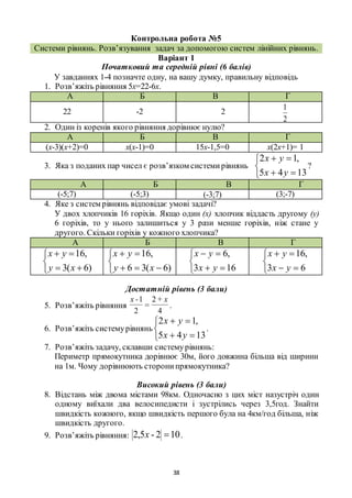 38
Контрольна робота №5
Системи рівнянь. Розв’язування задач за допомогою систем лінійних рівнянь.
Варіант 1
Початковий та середній рівні (6 балів)
У завданнях 1-4 позначте одну, на вашу думку, правильну відповідь
1. Розв’яжіть рівняння 5х=22-6х.
А Б В Г
22 -2 2
2
1
2. Один із коренів якого рівняння дорівнює нулю?
А Б В Г
(х-3)(х+2)=0 х(х-1)=0 15х-1,5=0 х(2х+1)= 1
3. Яка з поданих пар чисел є розв’язком системирівнянь





1345
,12
yx
yx
?
А Б В Г
(-5;7) (-5;3) (-3;7) (3;-7)
4. Яке з систем рівнянь відповідає умові задачі?
У двох хлопчиків 16 горіхів. Якщо один (х) хлопчик віддасть другому (у)
6 горіхів, то у нього залишиться у 3 рази менше горіхів, ніж стане у
другого. Скільки горіхів у кожного хлопчика?
А Б В Г





)6(3
,16
xy
yx





)6(36
,16
xy
yx





163
,6
yx
yx





63
,16
yx
yx
Достатній рівень (3 бали)
5. Розв’яжіть рівняння
4
+2
=
2
1 x-x
.
6. Розв’яжіть системурівнянь





1345
,12
yx
yx
.
7. Розв’яжіть задачу, склавши системурівнянь:
Периметр прямокутника дорівнює 30м, його довжина більша від ширини
на 1м. Чому дорівнюють сторонипрямокутника?
Високий рівень (3 бали)
8. Відстань між двома містами 98км. Одночасно з цих міст назустріч один
одному виїхали два велосипедисти і зустрілись через 3,5год. Знайти
швидкість кожного, якщо швидкість першого була на 4км/год більша, ніж
швидкість другого.
9. Розв’яжіть рівняння: 102-5,2 x .
 