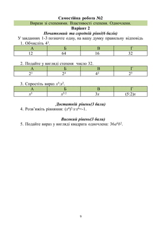 9
Самостійна робота №2
Вирази зі степенями. Властивості степеня. Одночлени.
Варіант 2
Початковий та середній рівні(6 балів)
У завданнях 1-3 позначте одну, на вашу думку правильну відповідь
1. Обчисліть 43.
А Б В Г
12 64 16 32
2. Подайте у вигляді степеня число 32.
А Б В Г
23 24 42 25
3. Спростіть вираз х5‫׃‬х2.
А Б В Г
х3 х5‫2׃‬ 3х (5‫)2׃‬х
Достатній рівень(3 бали)
4. Розв’яжіть рівняння: (х4)2∙х∙х6=-1.
Високий рівень(3 бали)
5. Подайте вираз у вигляді квадрата одночлена: 36а6b2.
 