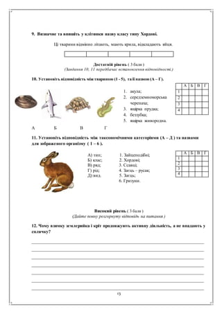 13
9. Визначне та впишіть у клітинки назву класу типу Хордові.
Ці тварини відмінно літають, мають крила, відкладають яйця.
Достатній рівень ( 3 бали )
(Завдання 10, 11 передбачає встановлення відповідності.)
10. Установіть відповідність міжтвариною (1 - 5), та її назвою (А – Г).
А Б В Г
11. Установіть відповідність між таксономічними категоріями (А – Д ) та назвами
для зображеного організму ( 1 – 6 ).
Високий рівень ( 3 бали )
(Дайте повну розгорнуту відповідь на питання )
12. Чому взимку землерийка і кріт продовжують активну діяльність, а не впадають у
сплячку?
_____________________________________________________________________________
_____________________________________________________________________________
_____________________________________________________________________________
_____________________________________________________________________________
_____________________________________________________________________________
_____________________________________________________________________________
_____________________________________________________________________________
А Б В Г
1
2
3
4
А Б В Г
1
2
3
4
1. акула;
2. середземноморська
черепаха;
3. ящірка прудка;
4. беззубка;
5. ящірка живородна.
А) тип; 1. Зайцеподібні;
Б) клас; 2. Хордові;
В) ряд; 3. Ссавці;
Г) рід; 4. Заєць – русак;
Д) вид. 5. Заєць;
6. Гризуни.
 