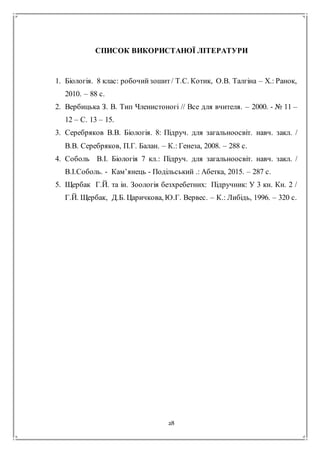 28
СПИСОК ВИКОРИСТАНОЇ ЛІТЕРАТУРИ
1. Біологія. 8 клас: робочийзошит/ Т.С. Котик, О.В. Талгіна – Х.: Ранок,
2010. – 88 с.
2. Вербицька З. В. Тип Членистоногі // Все для вчителя. – 2000. - № 11 –
12 – С. 13 – 15.
3. Серебряков В.В. Біологія. 8: Підруч. для загальноосвіт. навч. закл. /
В.В. Серебряков, П.Г. Балан. – К.: Генеза, 2008. – 288 с.
4. Соболь В.І. Біологія 7 кл.: Підруч. для загальноосвіт. навч. закл. /
В.І.Соболь. - Кам’янець - Подільський .: Абетка, 2015. – 287 с.
5. Щербак Г.Й. та ін. Зоологія безхребетних: Підручник: У 3 кн. Кн. 2 /
Г.Й. Щербак, Д.Б. Царичкова, Ю.Г. Вервес. – К.: Либідь, 1996. – 320 с.
 