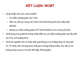 KẾT LUẬN: NCMT
• T l nhi m HIV trên nhóm NCMTỷ ệ ễ
– Có chi u h ng gi m t i 7 t nhề ướ ả ạ ỉ
– V n còn r t cao trong năm 2013 nh H i Phòng (43,5%), Đi n Biênẫ ấ ư ả ệ
(30,9%)
– Không có chi u h ng gi m TP HCM (40,0%) và An Giang (10,3%)ề ướ ả ở
• T l dùng chung BKT/6 tháng tr c đi u tra có chi u h ng gi m t i h u h tỷ ệ ướ ề ề ướ ả ạ ầ ế
các t nh, tr Qu ng Ninhỉ ừ ả
• T l xét nghi m HIV và nh n k t qu không có xu h ng tăng rõ ràng (AG,ỷ ệ ệ ậ ế ả ướ
CT, TP HCM, HN; HP tăng theo th i gian nh ng không nhi u, NA, QN và YBờ ư ề
không tăng và duy trì m c đ th p, ĐB l i gi m)ở ứ ộ ấ ạ ả
 