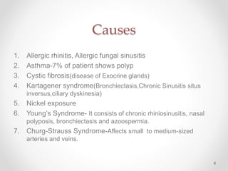 Causes
1. Allergic rhinitis, Allergic fungal sinusitis
2. Asthma-7% of patient shows polyp
3. Cystic fibrosis(disease of E...