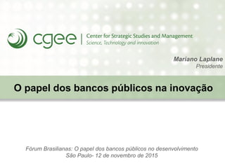 O papel dos bancos públicos na inovação
Fórum Brasilianas: O papel dos bancos públicos no desenvolvimento
São Paulo- 12 de novembro de 2015
Mariano Laplane
Presidente
 