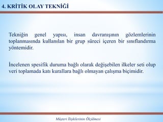 Tekniğin genel yapısı, insan davranışının gözlemlerinin
toplanmasında kullanılan bir grup süreci içeren bir sınıflandırma
yöntemidir.
İncelenen spesifik duruma bağlı olarak değişebilen ilkeler seti olup
veri toplamada katı kurallara bağlı olmayan çalışma biçimidir.
Müşteri İlişkilerinin Ölçülmesi
4. KRİTİK OLAY TEKNİĞİ
 