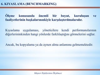Ölçme konusunda önemli bir boyut, kuruluşun ve
faaliyetlerinin başkalarınınkiyle karşılaştırılmalarıdır.
Kıyaslama uygulaması, yöneticilere kendi performanslarının
diğerlerininkinden hangi yönlerde farklılaştığını görmelerini sağlar.
Ancak, bu kopyalama ya da aynen alma anlamına gelmemektedir.
Müşteri İlişkilerinin Ölçülmesi
6. KIYASLAMA (BENCHMARKING)
 