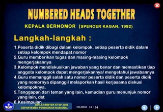 DIKLAT/BIMTEK KTSP 2009
DEPARTEMEN PENDIDIKAN NASIONAL HALAMAN 12 - 54
KEPALA BERNOMOR (SPENCER KAGAN, 1992)
Langkah-langkah :
1.Peserta didik dibagi dalam kelompok, setiap peserta didik dalam
setiap kelompok mendapat nomor
2.Guru memberikan tugas dan masing-masing kelompok
mengerjakannya
3.Kelompok mendiskusikan jawaban yang benar dan memastikan tiap
anggota kelompok dapat mengerjakannya/ mengetahui jawabannya
4.Guru memanggil salah satu nomor peserta didik dan peserta didik
yang nomornya dipanggil melaporkan hasil kerjasama diskusi
kelompoknya.
5.Tanggapan dari teman yang lain, kemudian guru menunjuk nomor
yang lain, dst
6.Kesimpulan
 
