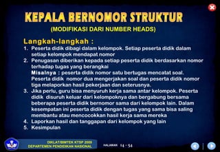DIKLAT/BIMTEK KTSP 2009
DEPARTEMEN PENDIDIKAN NASIONAL HALAMAN 14 - 54
(MODIFIKASI DARI NUMBER HEADS)
Langkah-langkah :
1. Peserta didik dibagi dalam kelompok. Setiap peserta didik dalam
setiap kelompok mendapat nomor
2. Penugasan diberikan kepada setiap peserta didik berdasarkan nomor
terhadap tugas yang berangkai
Misalnya : peserta didik nomor satu bertugas mencatat soal.
Peserta didik nomor dua mengerjakan soal dan peserta didik nomor
tiga melaporkan hasil pekerjaan dan seterusnya.
3. Jika perlu, guru bisa menyuruh kerja sama antar kelompok. Peserta
didik disuruh keluar dari kelompoknya dan bergabung bersama
beberapa peserta didik bernomor sama dari kelompok lain. Dalam
kesempatan ini peserta didik dengan tugas yang sama bisa saling
membantu atau mencocokkan hasil kerja sama mereka
4. Laporkan hasil dan tanggapan dari kelompok yang lain
5. Kesimpulan
 