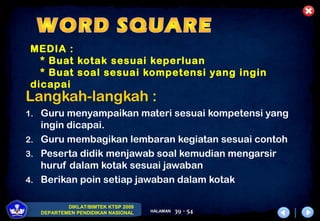 DIKLAT/BIMTEK KTSP 2009
DEPARTEMEN PENDIDIKAN NASIONAL HALAMAN 39 - 54
MEDIA :
* Buat kotak sesuai keperluan
* Buat soal sesuai kompetensi yang ingin
dicapai
Langkah-langkah :
1. Guru menyampaikan materi sesuai kompetensi yang
ingin dicapai.
2. Guru membagikan lembaran kegiatan sesuai contoh
3. Peserta didik menjawab soal kemudian mengarsir
huruf dalam kotak sesuai jawaban
4. Berikan poin setiap jawaban dalam kotak
 