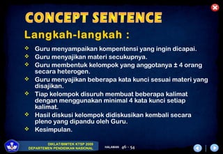 DIKLAT/BIMTEK KTSP 2009
DEPARTEMEN PENDIDIKAN NASIONAL HALAMAN 46 - 54
Langkah-langkah :
 Guru menyampaikan kompentensi yang ingin dicapai.
 Guru menyajikan materi secukupnya.
 Guru membentuk kelompok yang anggotanya ± 4 orang
secara heterogen.
 Guru menyajikan beberapa kata kunci sesuai materi yang
disajikan.
 Tiap kelompok disuruh membuat beberapa kalimat
dengan menggunakan minimal 4 kata kunci setiap
kalimat.
 Hasil diskusi kelompok didiskusikan kembali secara
pleno yang dipandu oleh Guru.
 Kesimpulan.
 