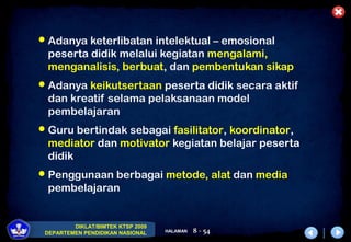 DIKLAT/BIMTEK KTSP 2009
DEPARTEMEN PENDIDIKAN NASIONAL HALAMAN 8 - 54
Adanya keterlibatan intelektual – emosional
peserta didik melalui kegiatan mengalami,
menganalisis, berbuat, dan pembentukan sikap
Adanya keikutsertaan peserta didik secara aktif
dan kreatif selama pelaksanaan model
pembelajaran
Guru bertindak sebagai fasilitator, koordinator,
mediator dan motivator kegiatan belajar peserta
didik
Penggunaan berbagai metode, alat dan media
pembelajaran
 