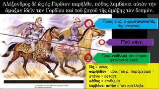 Ἀλέξανδρος δὲ ὡς ἐς Γόρδιον παρῆλθε, πόθος λαμβάνει αὐτὸν τὴν
ἅμαξαν ἰδεῖν τὴν Γορδίου καὶ τοῦ ζυγοῦ τῆς ἁμάξης τὸν δεσμόν.
Ὡς = μόλις
παρῆλθεν = αόρ. του ρ. παρέρχομαι =
φτάνω > έφτασε
πόθος = επιθυμία
λαμβάνει αὐτὸν = τον κατέλαβε
Ποιος είναι ο πρωταγωνιστής
της ιστορίας;
Πού πήγε;
Ποια επιθυμία τον έπιασε
φτάνοντας εκεί;
http://users.sch.gr/ipap/Ellinikos%20Politismos/Yliko/Theoria%20arxaia/metafraseis%20a%20gym/a07xm.htm
 